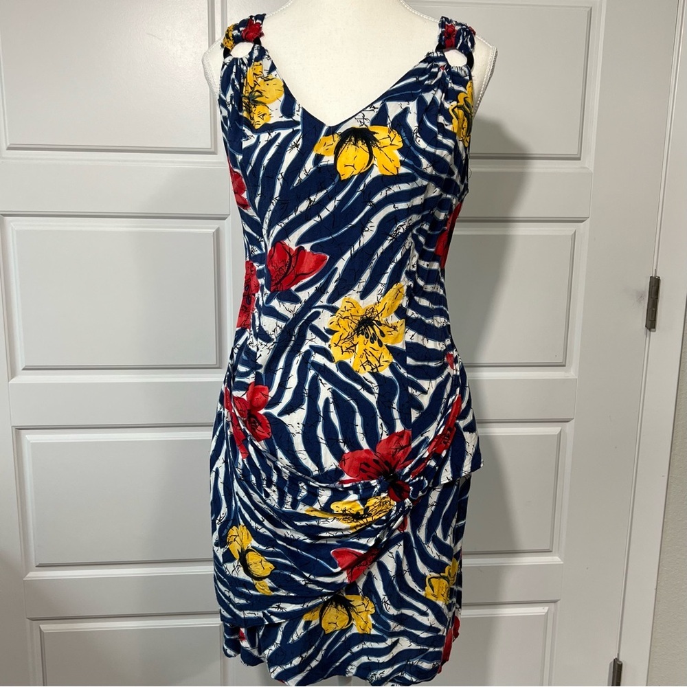 Floral Zebra Print Dress Sleeveless V Neck Ruched Bodycon‎ Mini Size Small